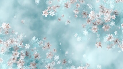 Light snow descends softly in a clear blue sky, creating a serene winter atmosphere filled with peace and beauty in nature