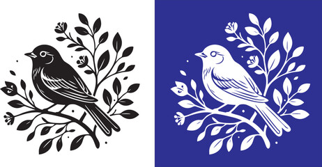 Fototapeta premium Black and white vector image of branch with leaves and berries