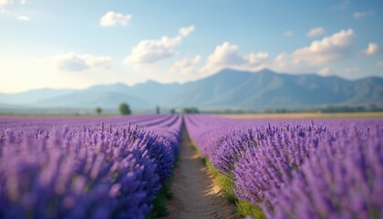 Fototapeta premium Picturesque photo of lavender field. Purple flowers extend to the horizon. Mountains and sky in the background create a scenic view. Sun shines over blooming flowers.