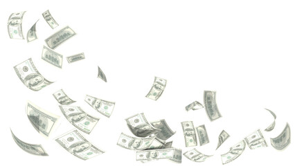 dollars many money 100 falling isolated background - 3d rendering