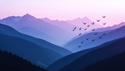 Majestic Mountain Range at Sunset with Flying Birds.