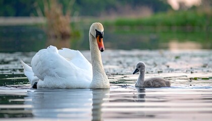 A serene scene features a regal white bird and its fuzzy young offspring gliding peacefully on a calm waterway