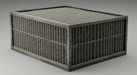 3 d rendered grey air filter with metallic grill pattern and boxy shape