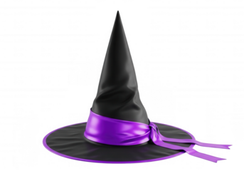 Black witch hat with purple ribbon isolated on a transparent background