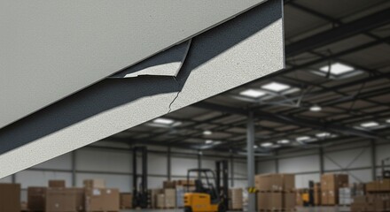 Abstract architectural detail featuring layered white and gray surfaces in warehouse setting