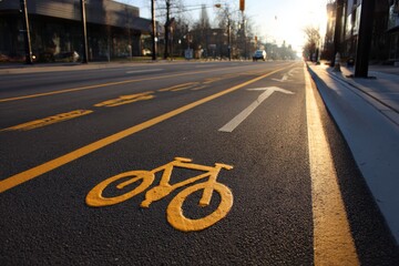 Obraz premium Bicycle lane marking on urban street during sunrise