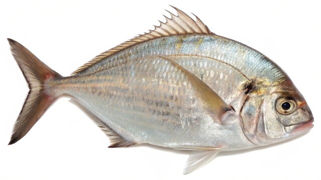 Realistic Mojarra fish with silver iridescent scales, pointed dorsal fin, and forked tail, isolated on a clean white studio background, detailed marine fish illustration, sharp focus, professional lig