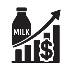 Black milk bottle and dollar sign on a rising bar chart with an upward arrow symbolizing dairy price growth, market success, and economic progress in milk industry trends.