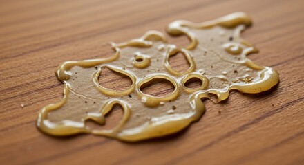 Abstract close up of a golden liquid spill on a wooden surface