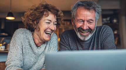 happy mature older family couple laughing bonding sitting at home table with laptop smiling middle aged senior 50s husband and wife having fun satisfied with buying insurance paying bills online no l