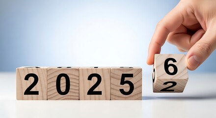 Hand turning wooden blocks from 2025 to 2026 symbolizing the passage of time and the arrival of the new year