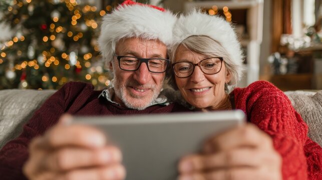front view of senior couple with tablet indoors at home at christmas taking selfie no logos no brands ar 169 - Powered by Adobe