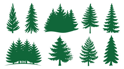Obraz premium Collection of stylized evergreen pine trees in various shapes and sizes for nature and forest design