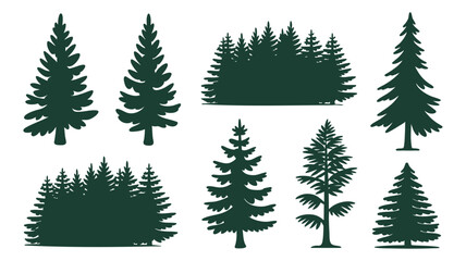 Obraz premium Collection of evergreen pine fir trees silhouette forest woodland nature landscape elements