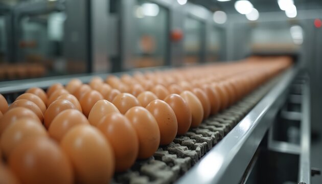Eggs on conveyor belt in food processing factory. Modern machinery sorts eggs. Automated system for grading and packing agriculture production. Food industry uses tech to ensure food safety.