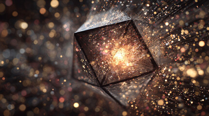 A geometric polygon with a glowing internal core exploding into particles symbolizing transformation energy and disruption representing the release of hidden power and the breakdown of rigid structure