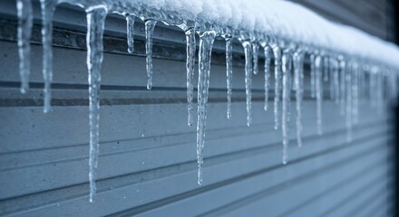 Long icicles dangle from the edge of a roof, glistening in the daylight. Snow covers the roof, indicating a recent storm, creating a winter scene in a quiet neighborhood.