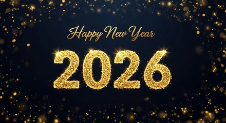 Sparkling golden 2026 text with happy new year message and festive bokeh lights