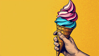 Hand holding waffle cone ice cream with colorful swirl on yellow background