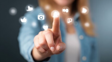 woman hand pressing social media icon no logos no brands ar 169