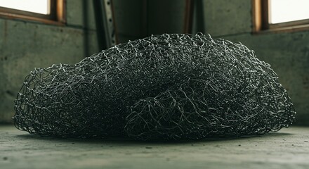 Abstract metal mesh sculpture conceptual art in atmospheric lighting