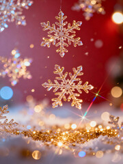 Fototapeta premium Golden glitter snowflakes on festive red Christmas background