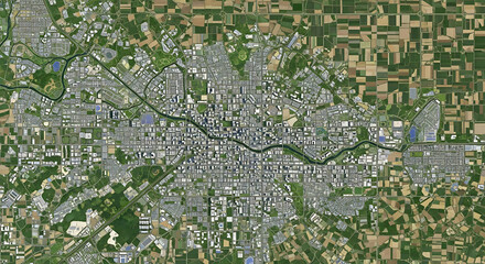 Fototapeta premium Aerial View of a City Urban Landscape and Geographical Features in a Detailed Satellite Perspective