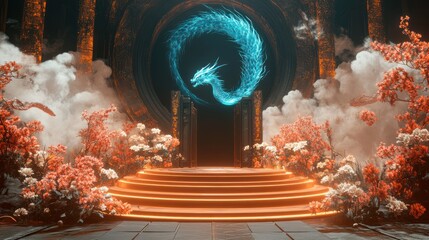 Mystical blue dragon portal, ancient temple, fantasy scene, digital art, game asset