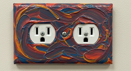 Abstract painted electrical outlet artwork on wall background