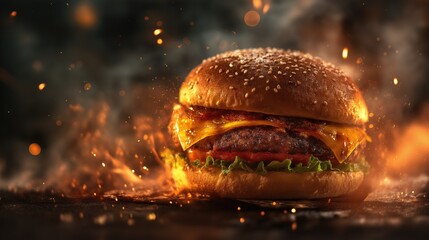 Burger on fire moody smoke and sparks background