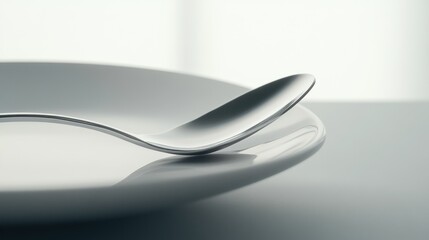 Silver spoon rests on a plate, minimalist food photography, for restaurant menus or blogs