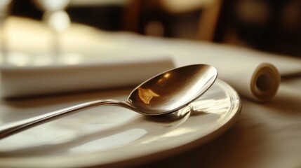 Restaurant table setting; spoon on plate, napkin; blurred background; fine dining