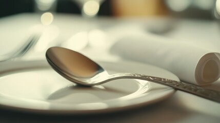 Elegant spoon on plate, fine dining restaurant, table setting, blurred background, menu photography