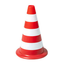 A vibrant red and white traffic cone designed for safety and traffic management.