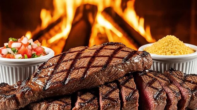 Juicy grilled steak with grill marks served with salsa and farofa