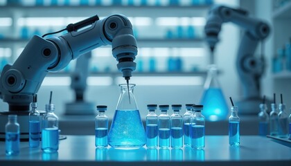 Robotic arm works in modern science lab, pipetting blue liquid into flask, many vials. Tech setup represents future of precision research, automation, drug discovery, immunity development in health