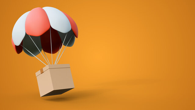 Parcel cardboard box with parachute on a yellow background. Online delivery service or shipping and global logistic concept, quick and fast cargo shipment. Delivery and shipping banner template.