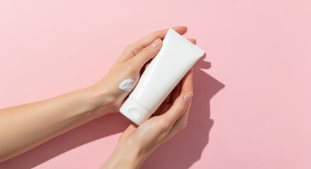 Fototapeta premium Female hands applying moisturizing cream from white cosmetic tube on pastel pink background, skincare routine and hand treatment