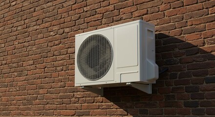 Air conditioner unit mounted on a red brick wall exterior