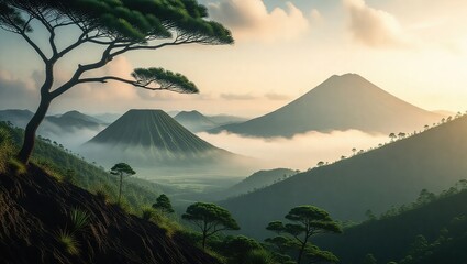 Misty Mountain Range with Acacia Tree at Sunrise.