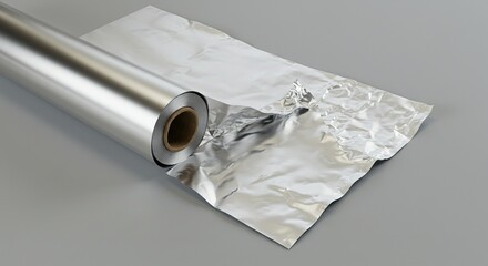 Aluminum foil roll and sheet on gray surface for culinary and packaging