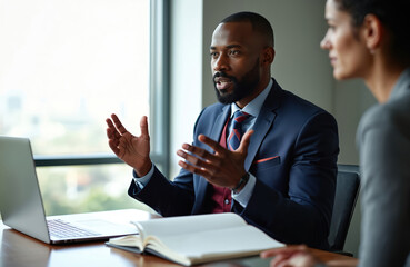 Black businessman speaks with colleague in office. African man explains strategy, shares ideas in modern workspace. Manager communicates with team. Leader presents new project. Business meeting.