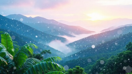 Misty Mountain Valley Sunrise Over Tropical Rainforest.