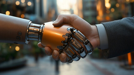 A robot and human handshake in a minimal office symbolizing trust collaboration and the future of work representing harmony between artificial intelligence and human creativity