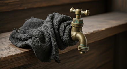 Antique faucet on wooden surface with dark cloth copy space commercial use