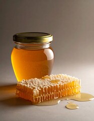 Honey jar beside a honeycomb with sweet golden goodness