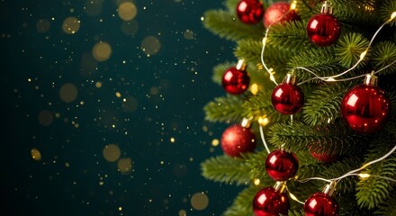 Christmas Tree with Red Ornaments and String Lights