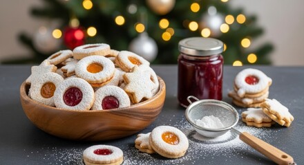 Festive Cookies with Jam and Icing Sugar