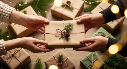 Exchanging Wrapped Gifts with Festive Decorations