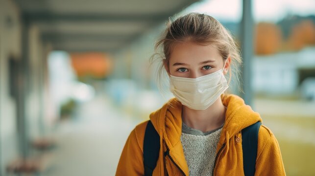 girl with face mask back at school after covid19 quarantine and lockdown no logos no brands ar 169 - Powered by Adobe